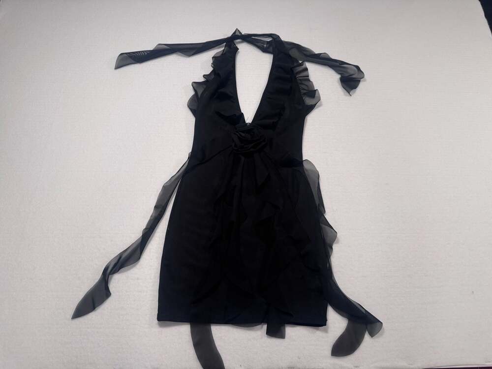 Murci Black Ruffle Rosette Halter Mini Dress XS